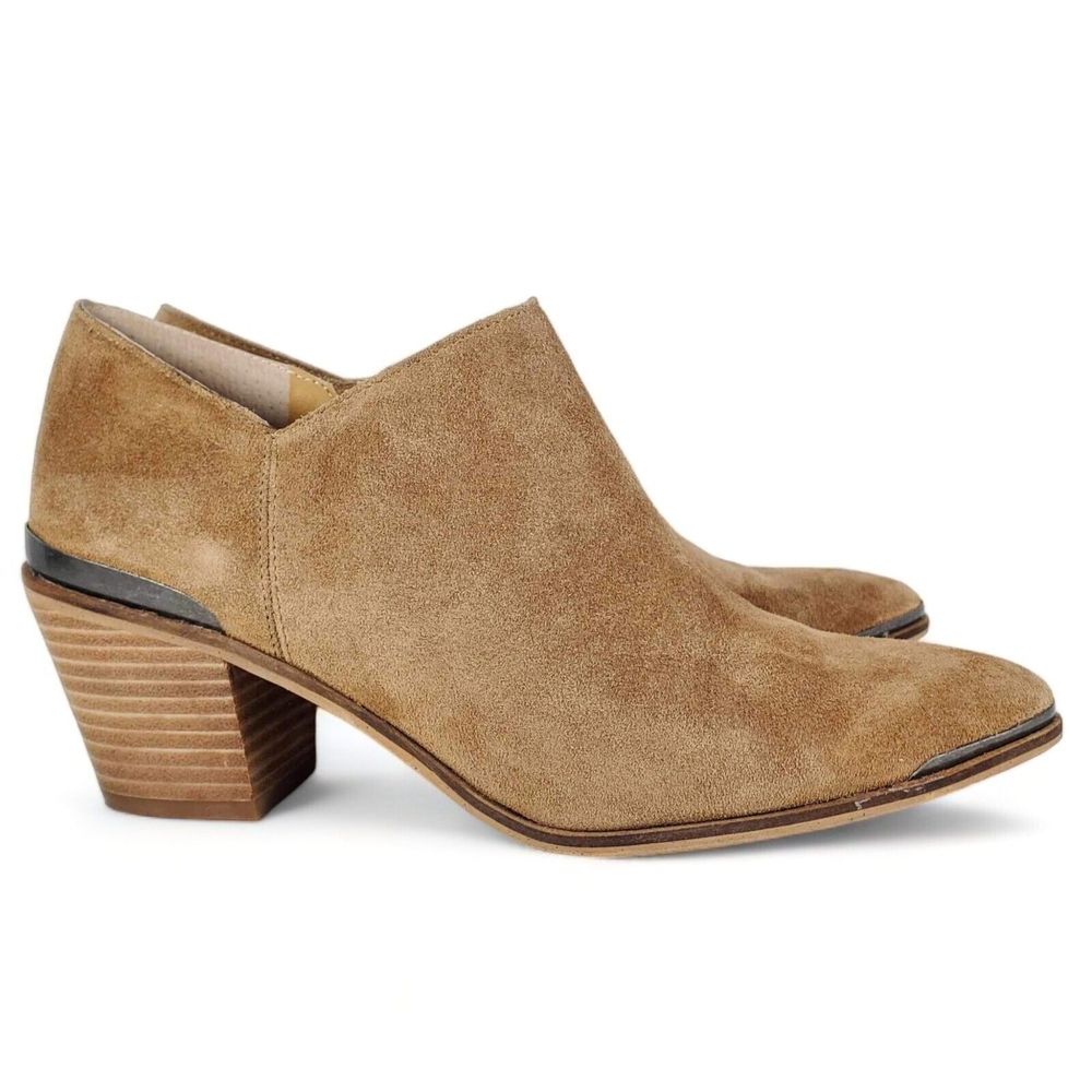 Lucky Brand Landrue Suede Leather Ankle Boots Brown Womens Size 8.5 Block Heels - Picture 2 of 11